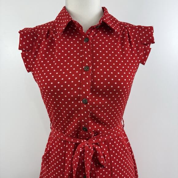 Retro Romance Polka Dot Red White Monteau Dress Small Pockets Belted Tradwife - Picture 2 of 12